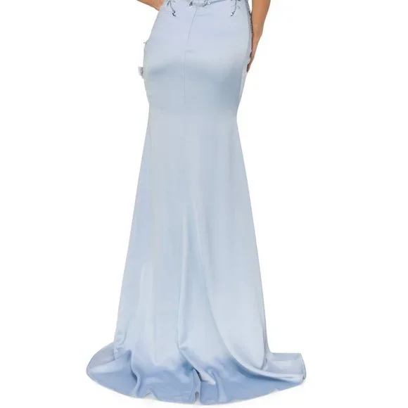 NEW LONG OFF SHOULDER SLEEVELESS DRESS EMBROIDERED WITH FLORAL APPLQIUE CC 8050J